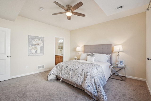 bedroom featuring visible vents, carpet floors, baseboards, and ceiling fan