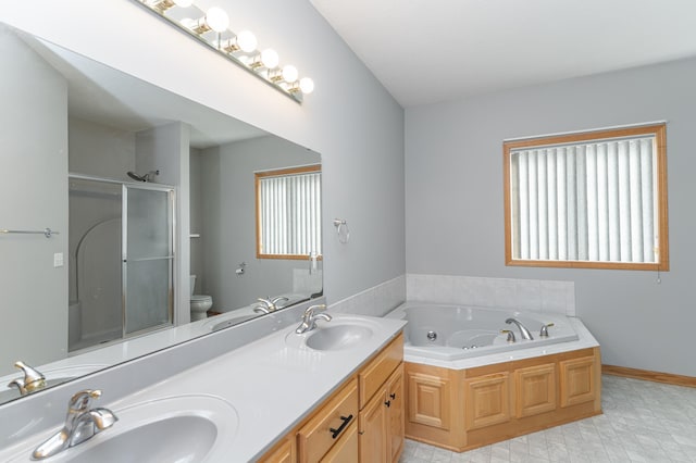 full bath featuring a shower stall, toilet, and a sink