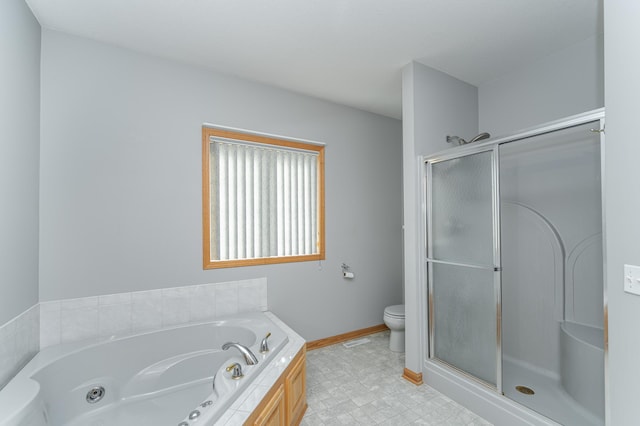 full bath with a jetted tub, a stall shower, toilet, and baseboards