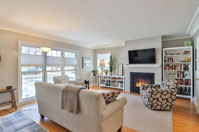 living area with a glass covered fireplace, light wood-style flooring, and ornamental molding