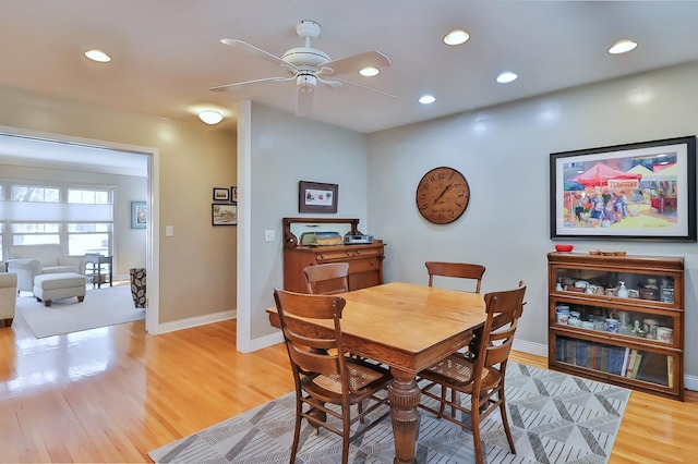 dining room with recessed lighting, baseboards, light wood finished floors, and ceiling fan