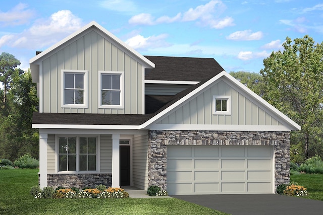 view of front of home with stone siding, board and batten siding, driveway, and a garage