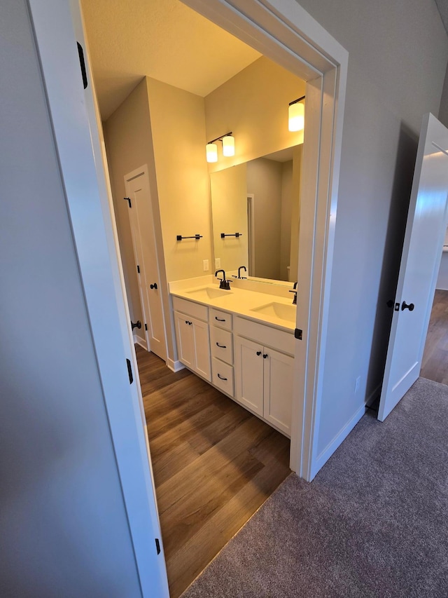 bathroom with double vanity, wood finished floors, baseboards, and a sink