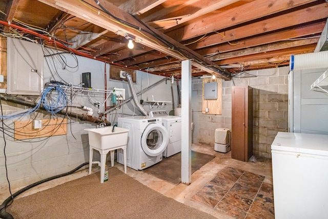 unfinished below grade area featuring washing machine and clothes dryer, electric panel, and refrigerator
