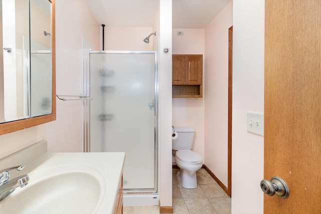 full bathroom with toilet, vanity, tile patterned floors, and a stall shower