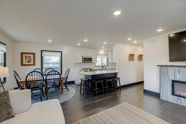 1109 Saint Croix Hts, Hudson, WI 54016 - living area featuring dark wood finished floors, plenty of natural light, recessed lighting, a fireplace, and baseboards