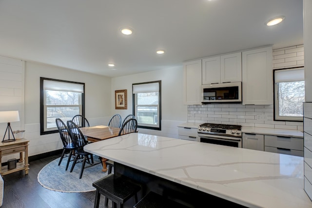 1109 Saint Croix Hts, Hudson, WI 54016 - kitchen featuring appliances with stainless steel finishes, plenty of natural light, light stone counters, a breakfast bar, and recessed lighting