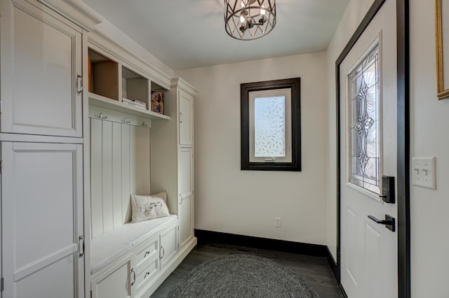 1109 Saint Croix Hts, Hudson, WI 54016 - mudroom with baseboards, healthy amount of natural light, dark wood-type flooring, and a chandelier