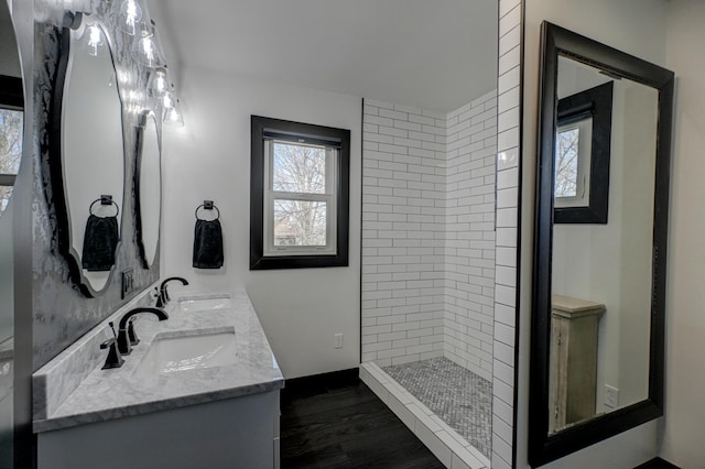 1109 Saint Croix Hts, Hudson, WI 54016 - full bath featuring healthy amount of natural light, double vanity, tiled shower, and wood finished floors
