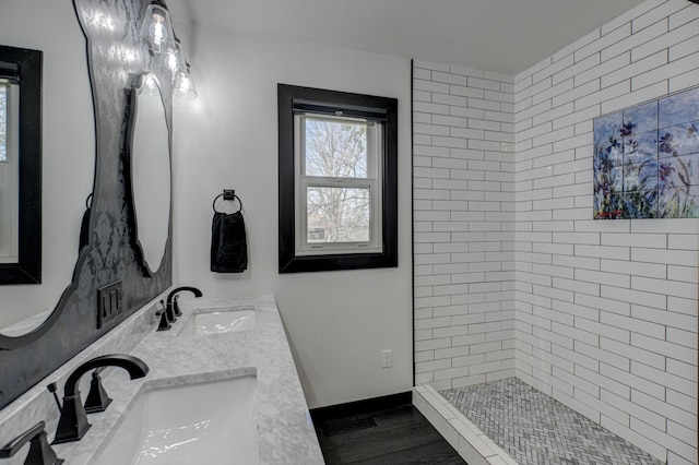 1109 Saint Croix Hts, Hudson, WI 54016 - full bath with double vanity, a tile shower, and wood finished floors