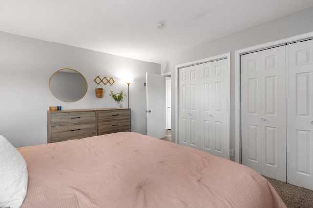 carpeted bedroom featuring multiple closets