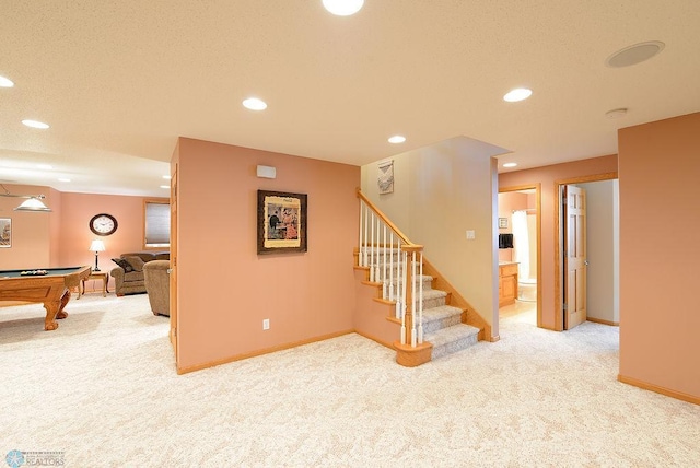 staircase with pool table, carpet flooring, recessed lighting, and baseboards