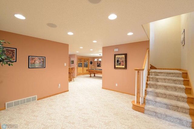 interior space featuring recessed lighting, visible vents, baseboards, and pool table