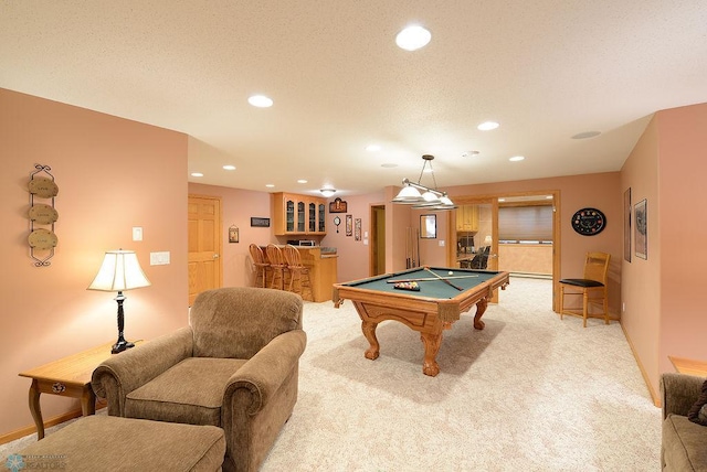 game room with recessed lighting, light colored carpet, a dry bar, and billiards