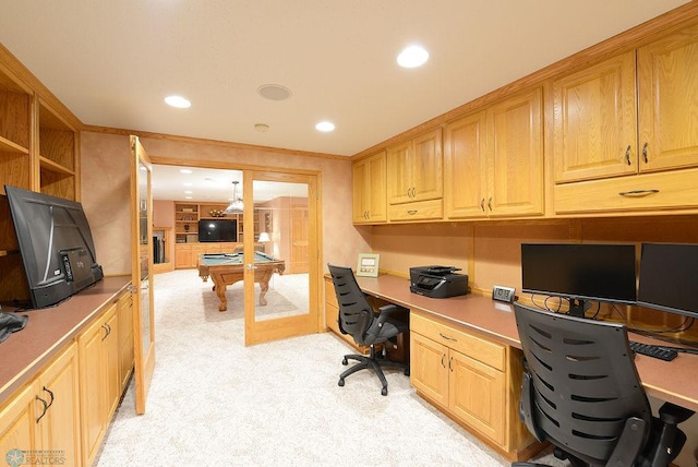 office space with recessed lighting, light carpet, billiards, and built in desk