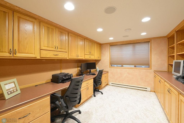 office featuring recessed lighting, a baseboard radiator, light colored carpet, and built in study area