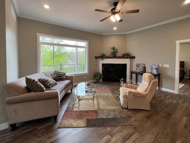 living room with wood finished floors, crown molding, a fireplace, and baseboards