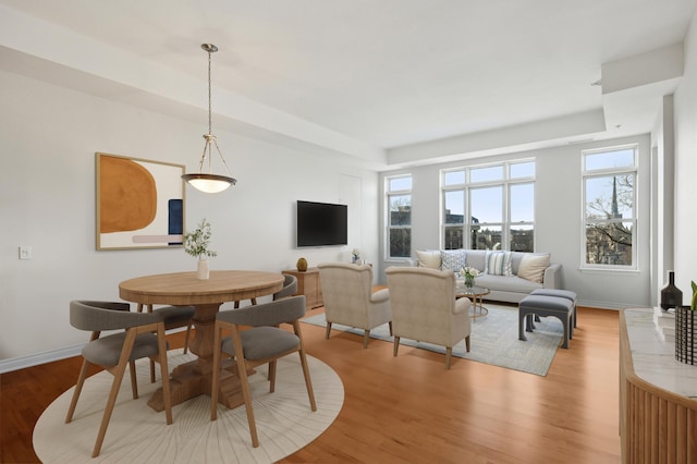 dining room featuring a raised ceiling, a wealth of natural light, and light wood finished floors