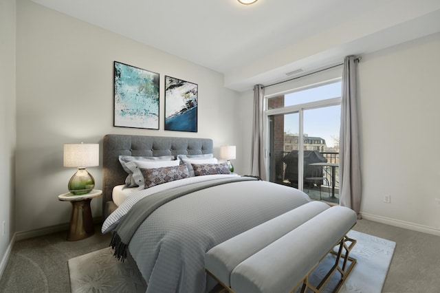 bedroom featuring visible vents, baseboards, carpet, and access to outside