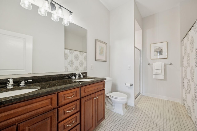 full bath with tile patterned flooring, toilet, a shower with curtain, and a sink