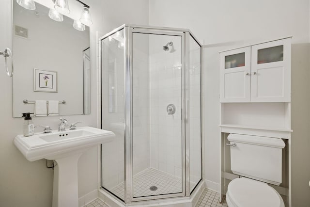 bathroom featuring tile patterned flooring, visible vents, a shower stall, and toilet