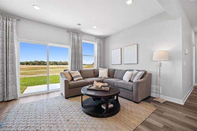 living room with recessed lighting, baseboards, and wood finished floors