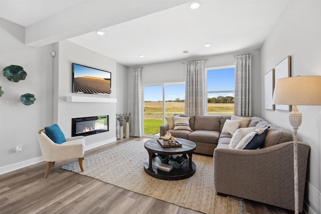 living area with a glass covered fireplace, baseboards, wood finished floors, and recessed lighting