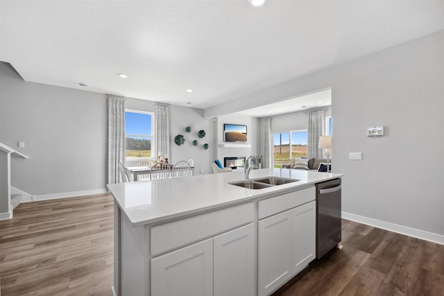 kitchen with a sink, stainless steel dishwasher, a healthy amount of sunlight, and an island with sink