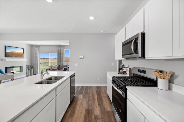 kitchen with a sink, light countertops, appliances with stainless steel finishes, a glass covered fireplace, and open floor plan