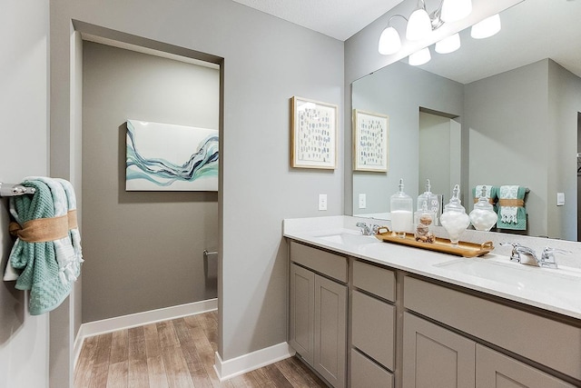 bathroom with double vanity, wood finished floors, baseboards, and a sink