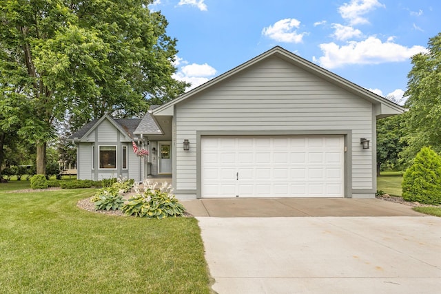 ranch-style house with driveway, an attached garage, roof with shingles, and a front lawn