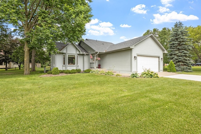 ranch-style home featuring a garage, concrete driveway, a front lawn, and a shingled roof