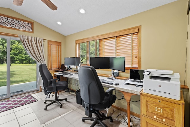 office space with light tile patterned floors, recessed lighting, lofted ceiling, and ceiling fan