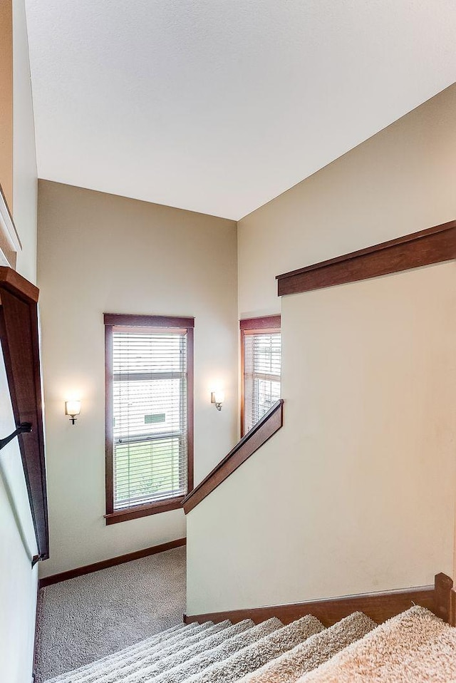 staircase with baseboards and carpet