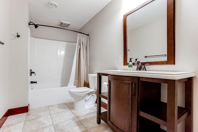 full bathroom featuring visible vents, toilet, shower / tub combo with curtain, tile patterned floors, and vanity