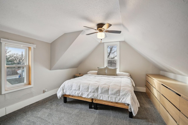 bedroom featuring multiple windows, baseboards, and vaulted ceiling