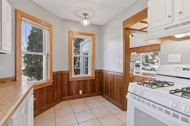 kitchen with under cabinet range hood, wooden walls, wainscoting, and white appliances