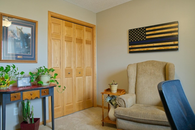 sitting room featuring baseboards, carpet, and a textured ceiling