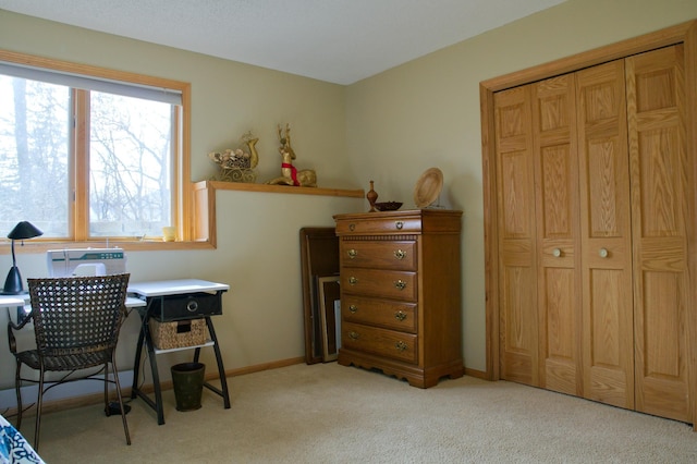 office space featuring light carpet and baseboards