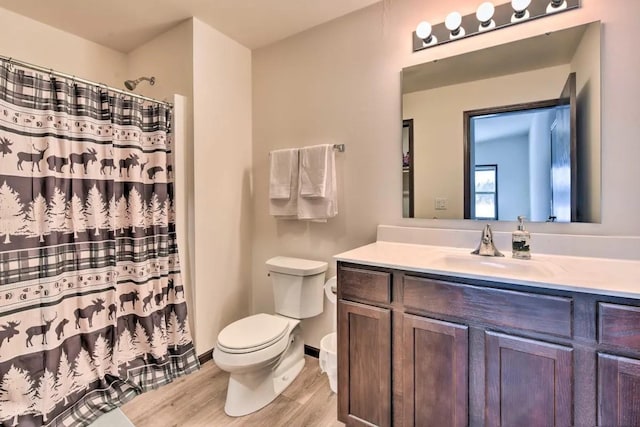 bathroom featuring baseboards, toilet, a shower with curtain, wood finished floors, and vanity