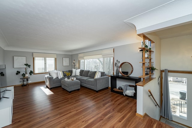 living room featuring wood finished floors and baseboards