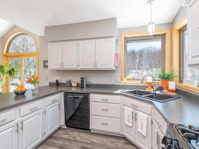 kitchen with black dishwasher, a wealth of natural light, stainless steel stove, white cabinetry, and a sink