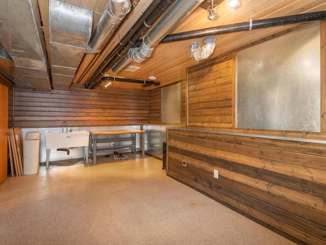 interior space with a sink and wooden walls