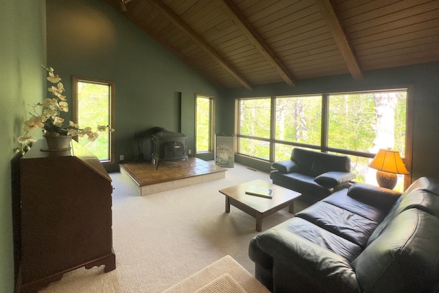 6 Crocus Ln, North Oaks, MN 55127 - carpeted living area featuring a wood stove, beamed ceiling, wooden ceiling, high vaulted ceiling, and plenty of natural light