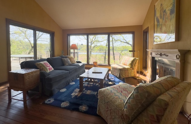 6 Crocus Ln, North Oaks, MN 55127 - living room featuring wood-type flooring, plenty of natural light, a glass covered fireplace, and high vaulted ceiling