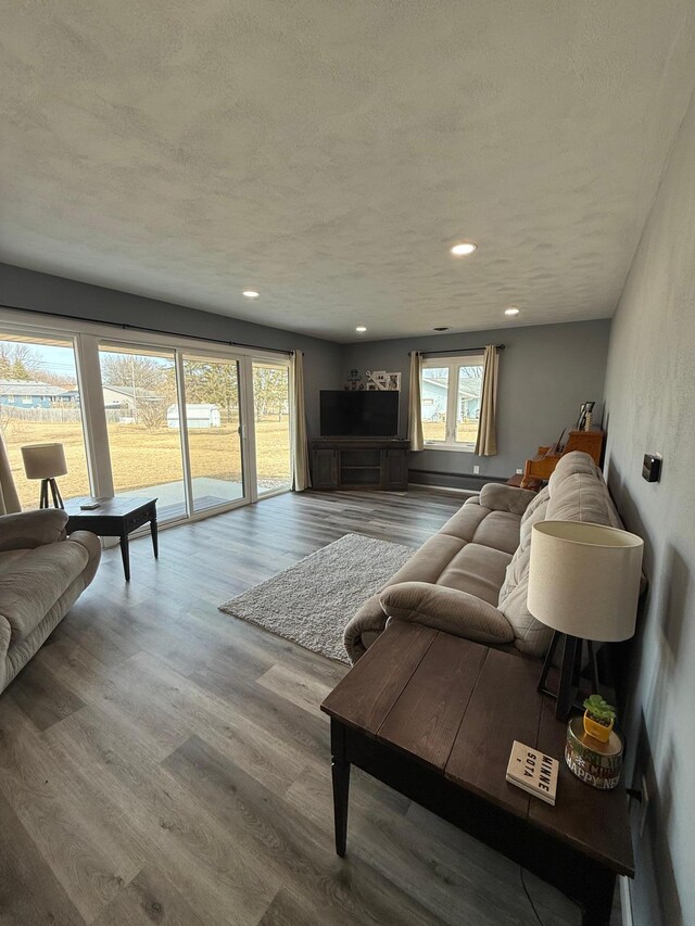 living area featuring a textured ceiling, recessed lighting, wood finished floors, and a healthy amount of sunlight