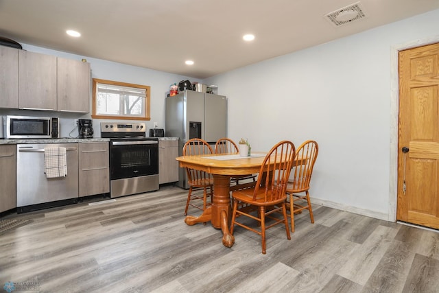 kitchen featuring visible vents, recessed lighting, stainless steel appliances, modern cabinets, and light wood-type flooring