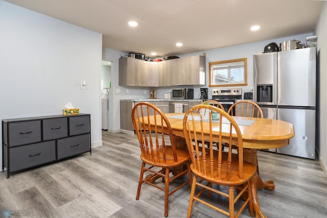 kitchen with light countertops, modern cabinets, light wood finished floors, and stainless steel appliances