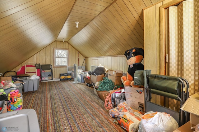 additional living space with carpet flooring, wood ceiling, and vaulted ceiling