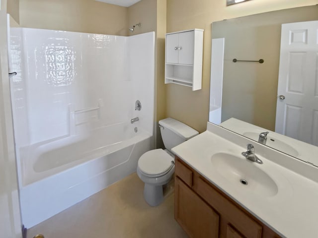 bathroom featuring toilet, vanity, and washtub / shower combination